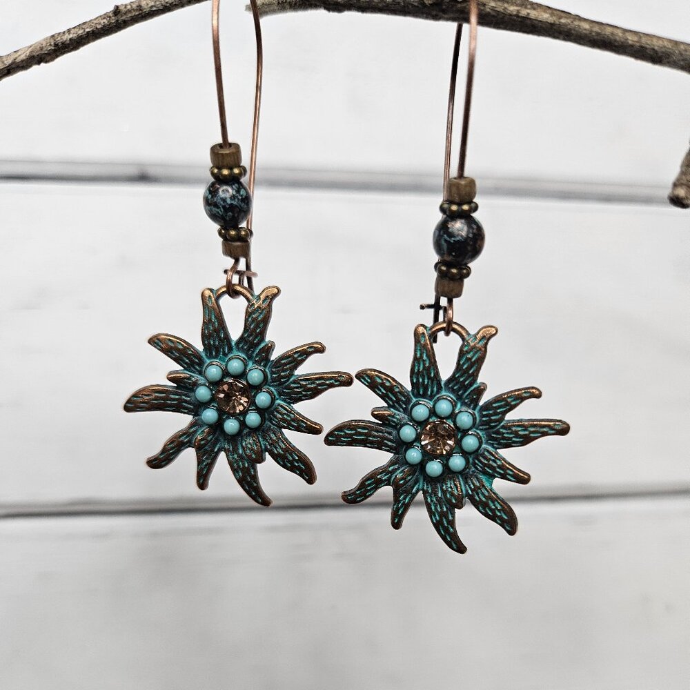 Artesian Antiqued Brass Flower Dangle Earrings